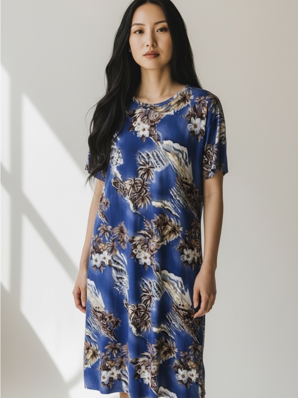 Vintage 90s Hawaiian Dress Hilo Hattie Muumuu Large Blue Rayon Made in Hawaii